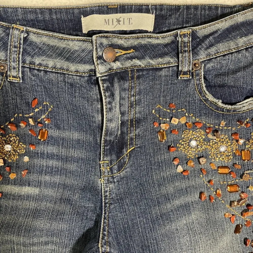 Mixit Women's Flare Jeans Blue Floral Embellished Stretch Mid Rise Size 8